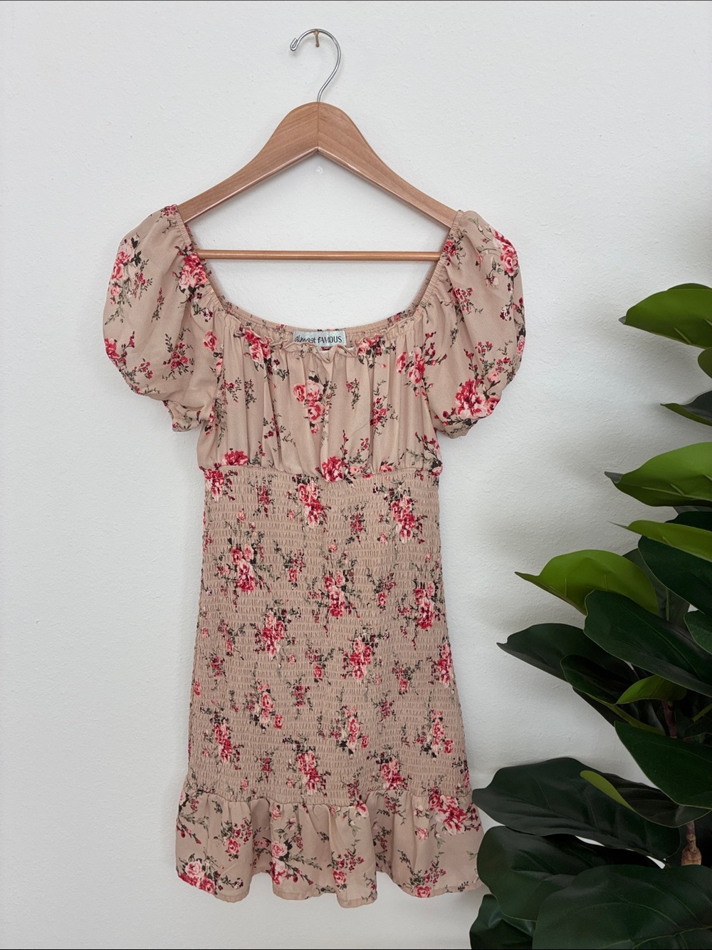 Almost Famous Beige Floral Smocked Mini Dress
